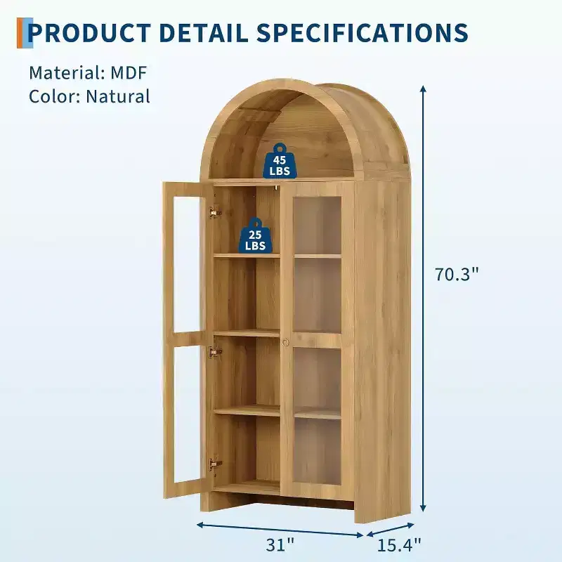 Acekool Arched Display Cabinet with Adjustable Shelves, 70 Tall Oak Storage Cabinet with Clear Acrylic Doors for Kitchen or Living Room