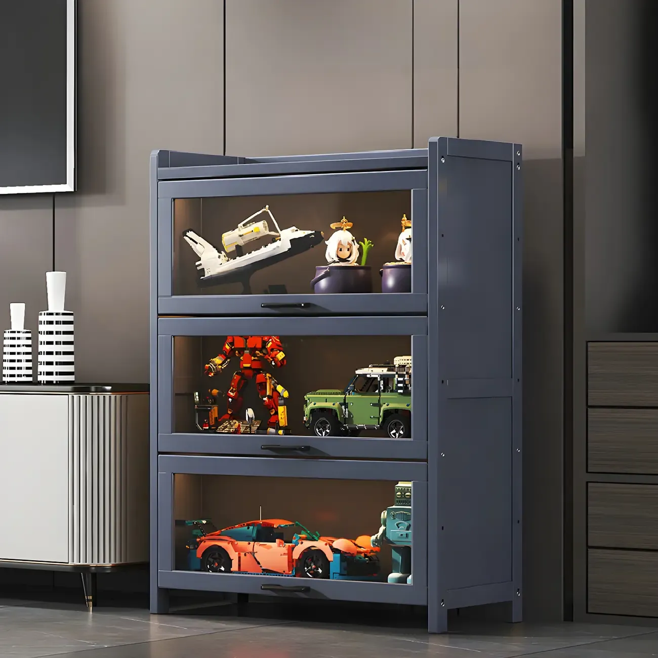 Living Room Modern Gray Bamboo Display Cabinet