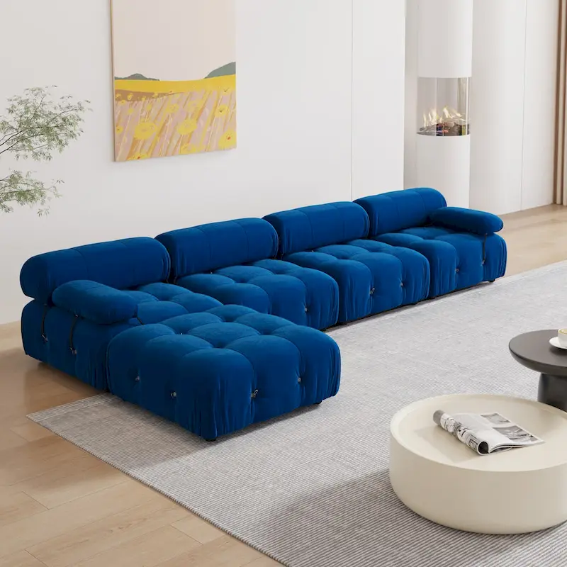 Blue Velvet Upholstered Sectional Sofa