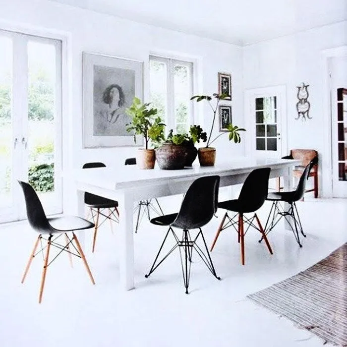 Set of 2 Mid-Century Modern Dining Side Chairs Armless Plastic Shell Seat with Black Metal Wire Eiffel Base, White