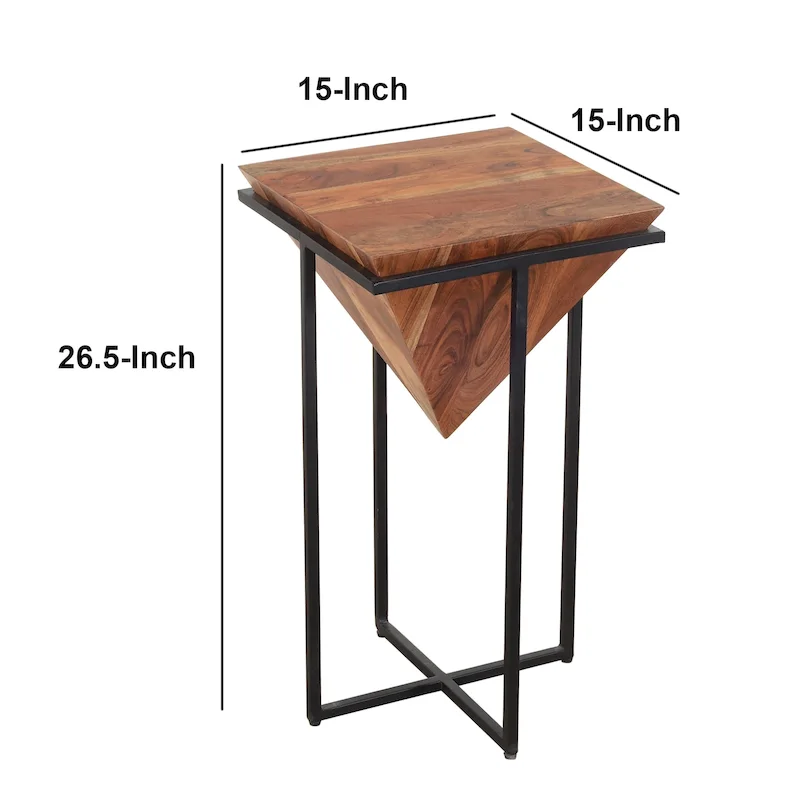 Ida 26 Inch Pyramid Shape Acacia Wood Side Table With Cross Iron Base, Brown and Black
