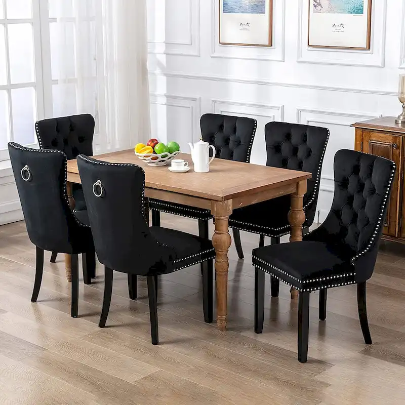 Dining Chairs Set of 2, Upholstered Accent Chair Button Tufted Armless Chair with Back Ring Pull and Nailhead Trim