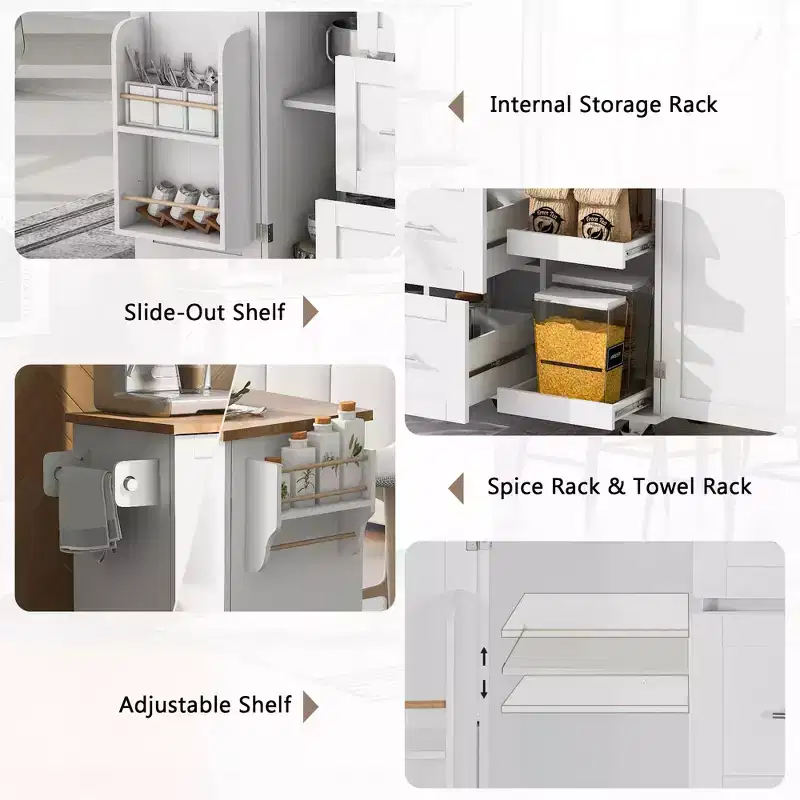 MAYEERTY Black Rolling Kitchen Island with Rubber Wood Top, 3 Drawers 2 Slide-Out Shelves Spice Rack Tower Rack