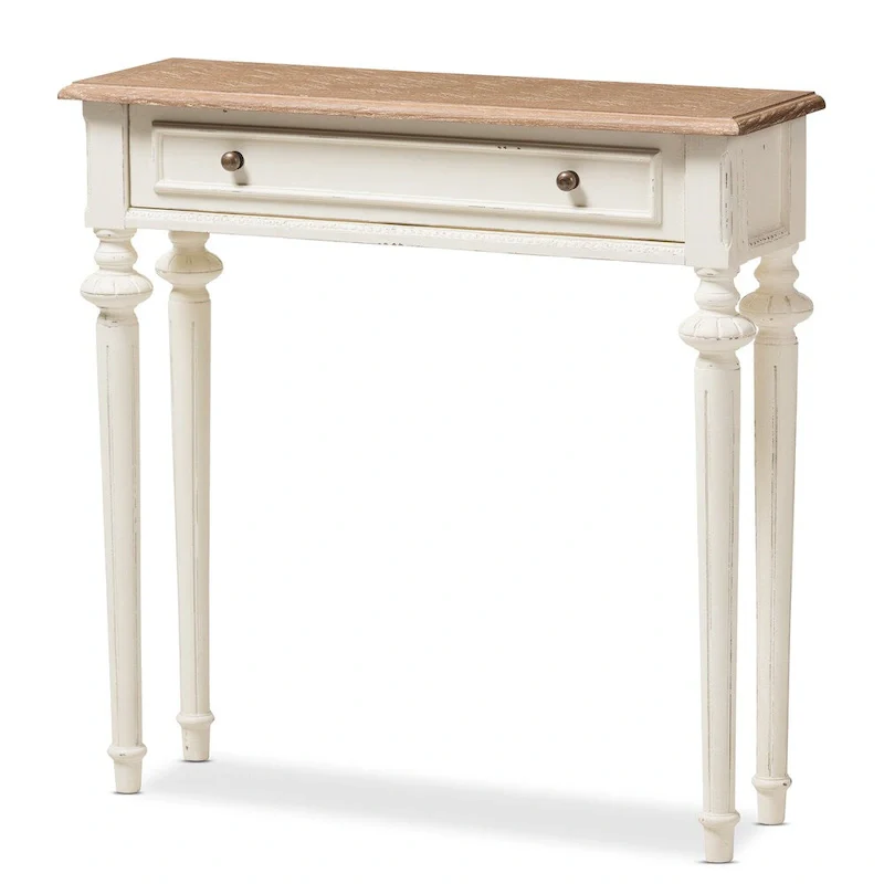 French Provincial Style Console Table in Weathered Oak and White Wash Distressed Wood Finish