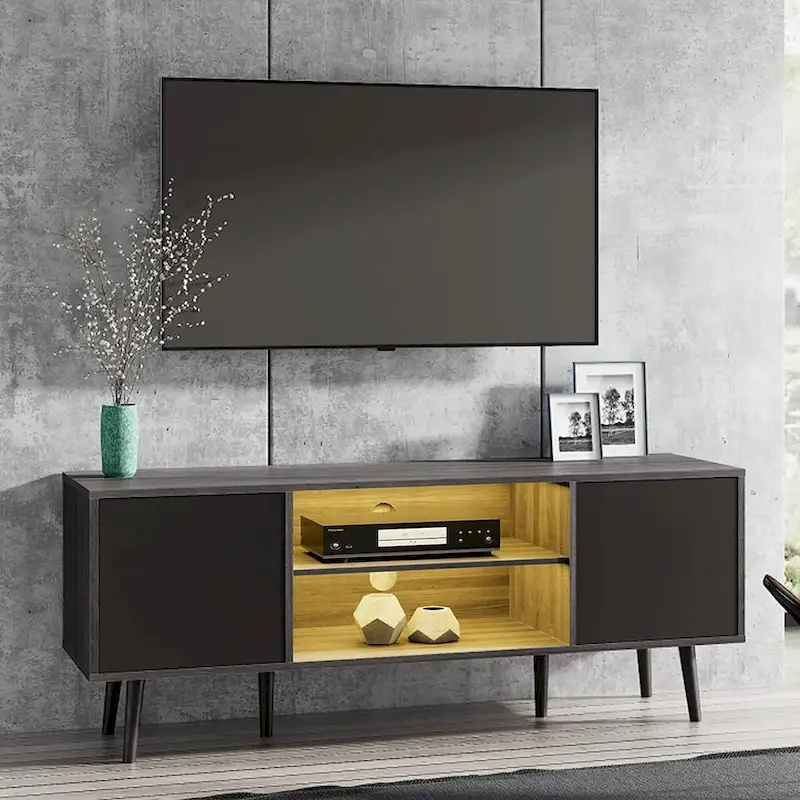 WAMPAT Mid Century Modern TV Stand 61.6 inch Black & Grey