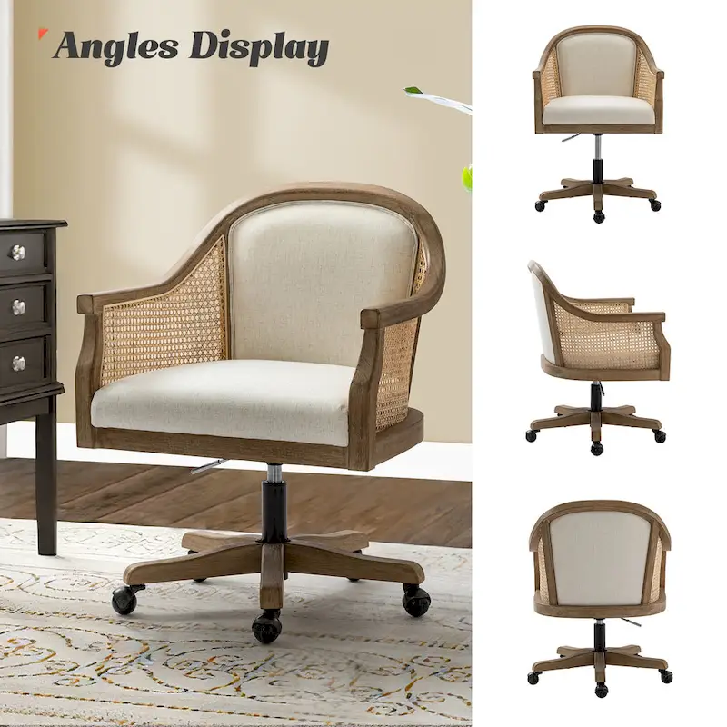 Farmhouse-Style Rattan Office Chair — 360° Swivel, Adjustable Height, Rubberwood Construction