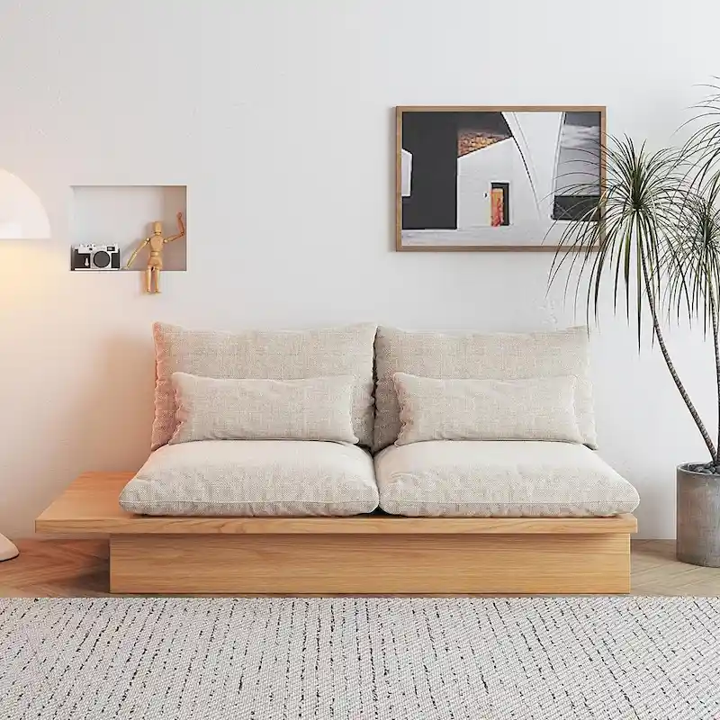 JASIWAY Cotton Line Beige Sofa With Wood Frame