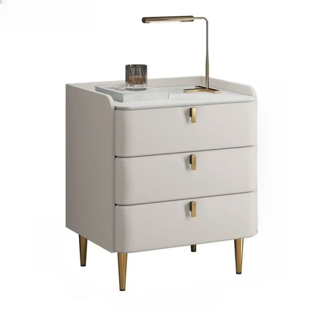 Modern Leather Stone Top Gold Accents 3-Drawer Nightstand