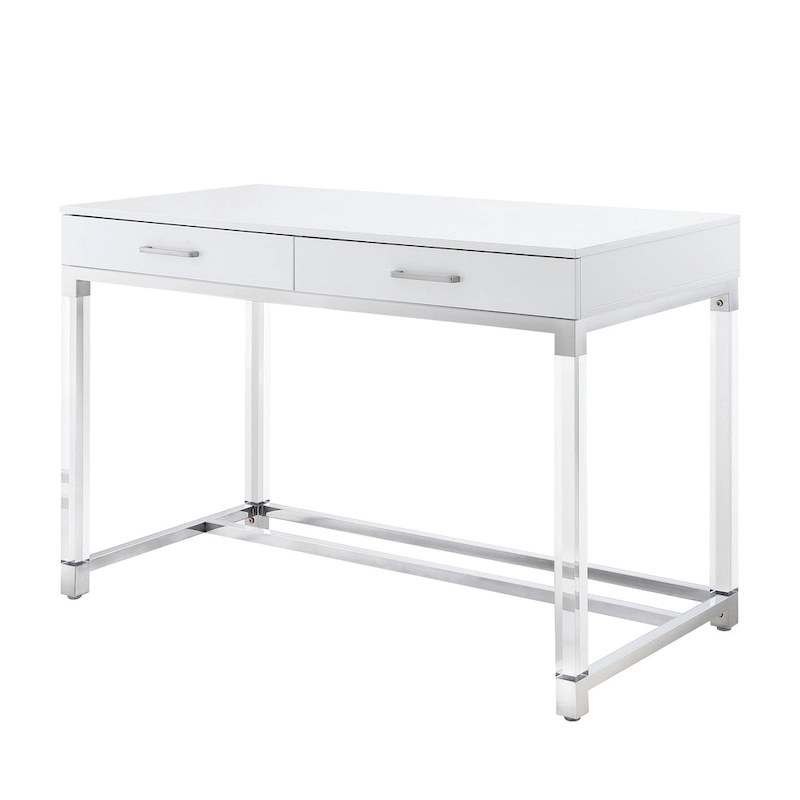 HomeRoots 48 White Clear and Gold Wood Acrylic and Stainless Steel Writing Desk With Two Drawers