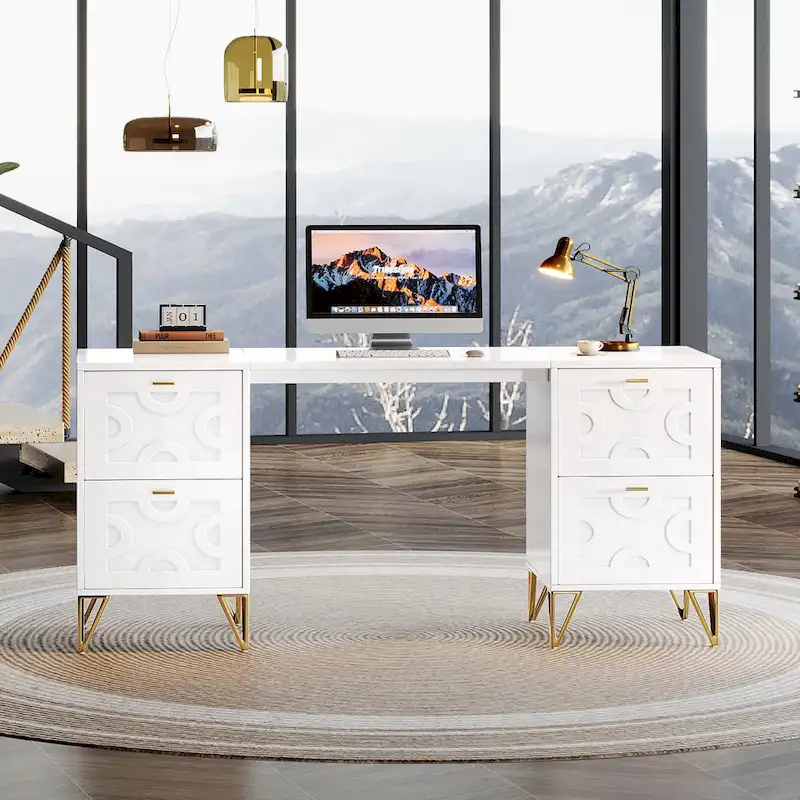 White Computer Desk with File Drawers, 59 Modern Home Office Desk