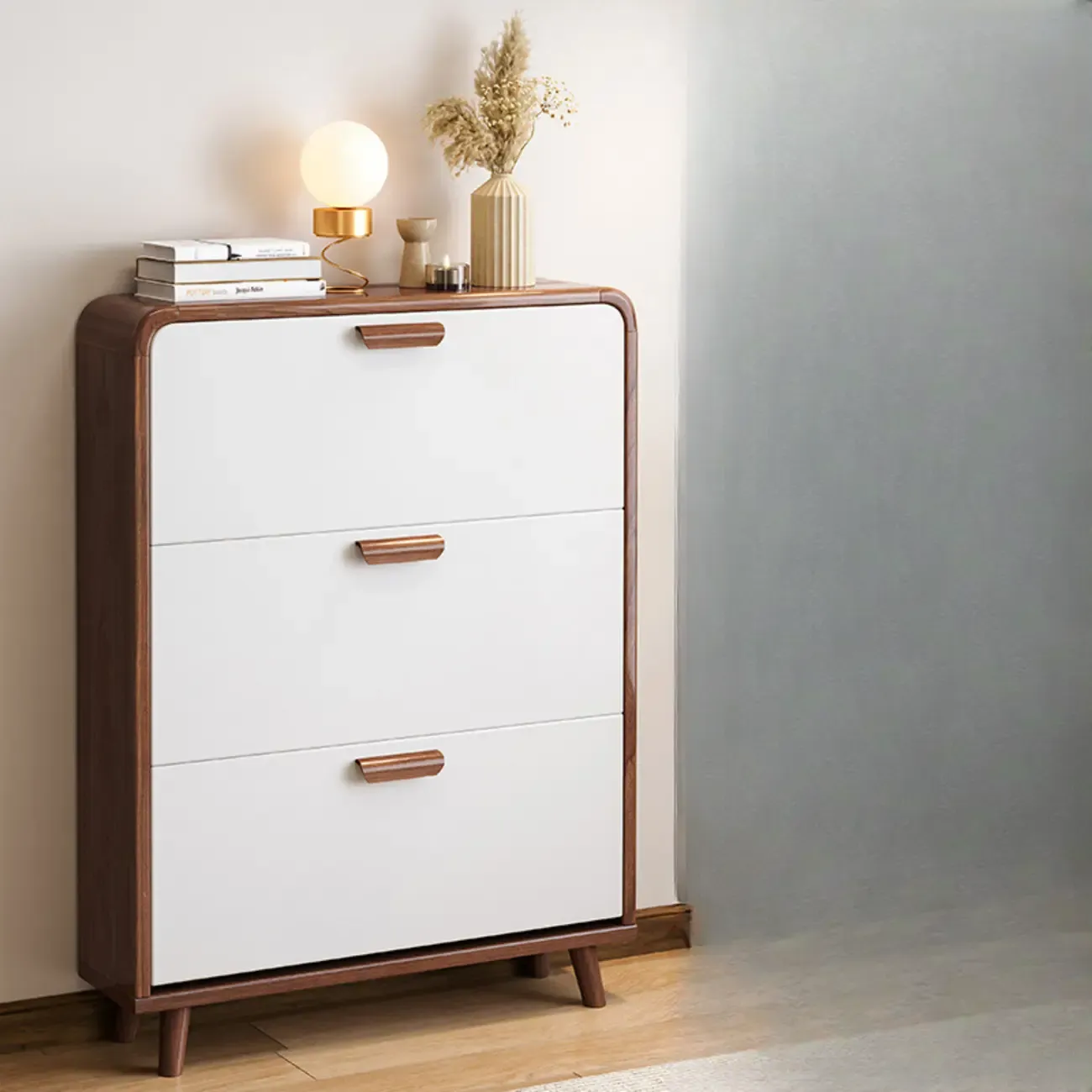 Traditional Hidden Adjustable 3 Tiers Solid Wood Shoe Cabinet