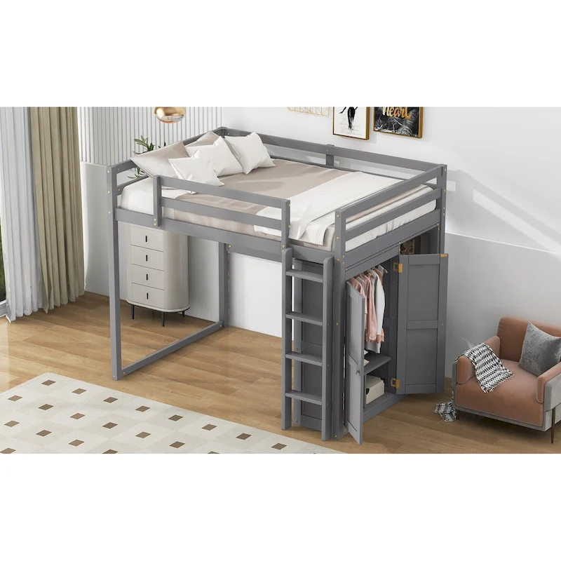 Gray Full Size Wood Loft Bed with Built-in Wardrobe and Storage Shelves, Led light