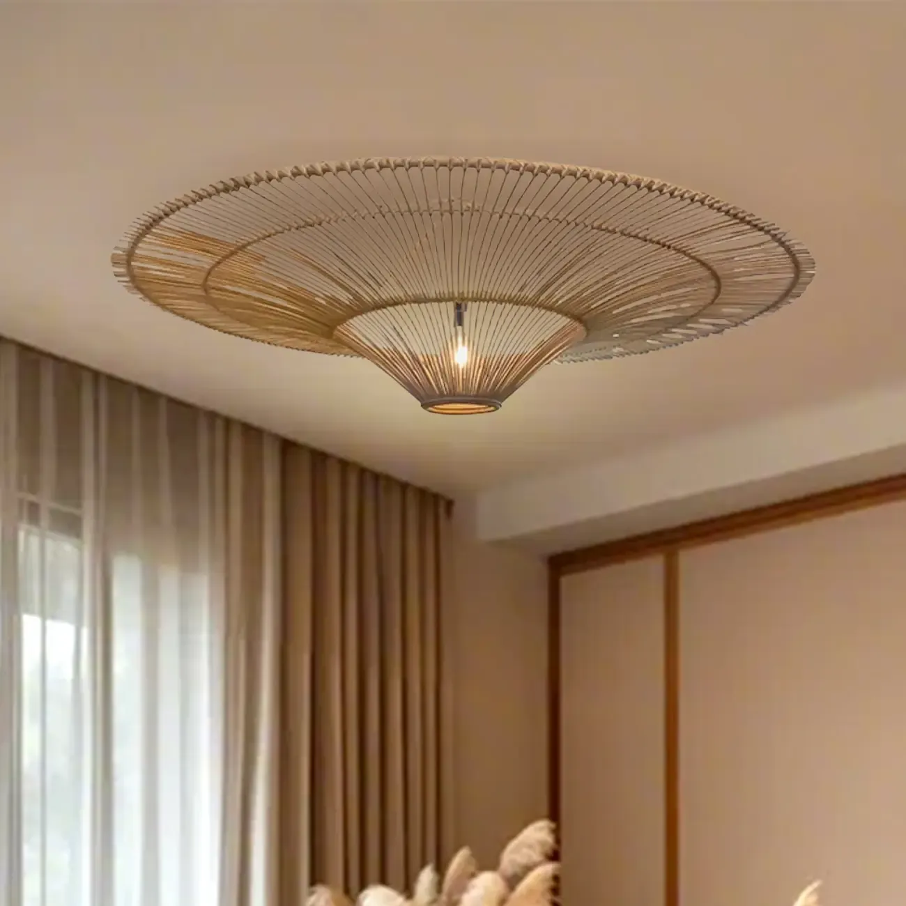 Natural Woven Rattan Bohemian Semi Flush Ceiling Light