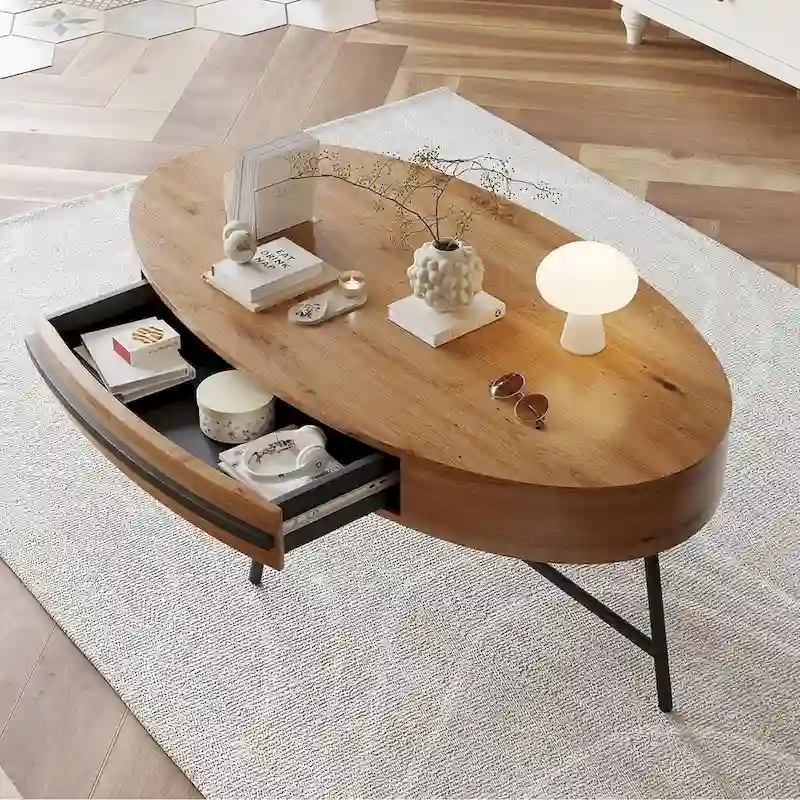 Modern Center Oval Coffee Table with Drawer - N/A
