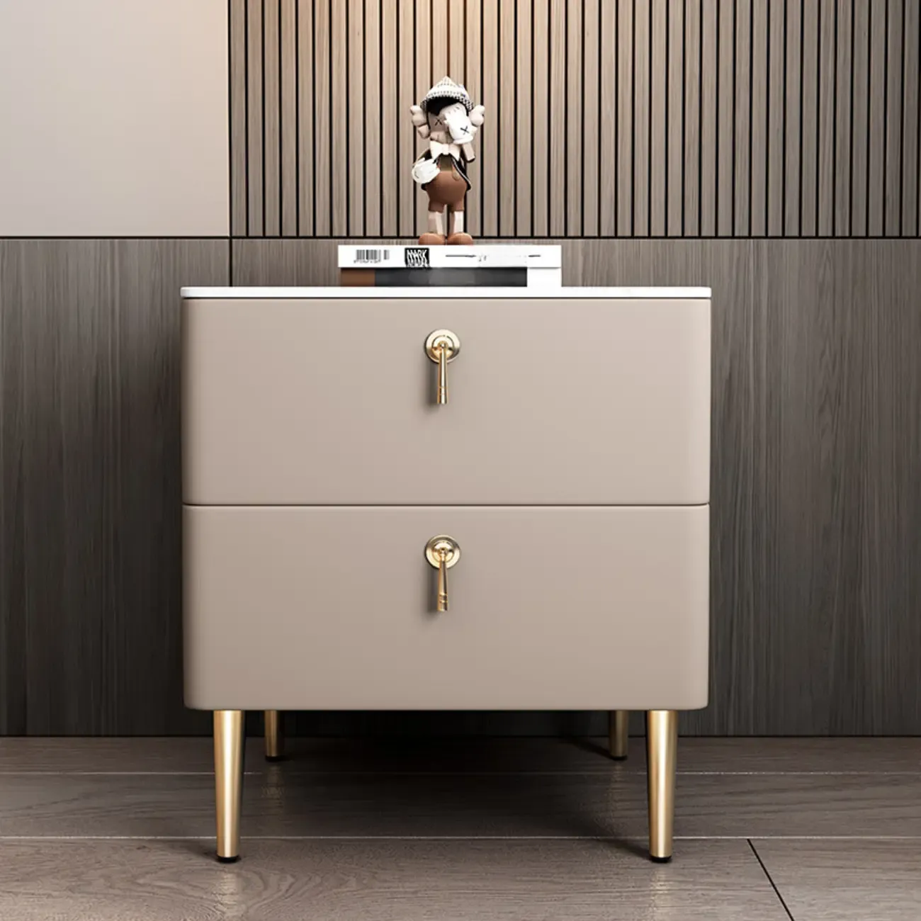 Modern Stone Top Gold Accents Leather 2 Drawer Nightstand