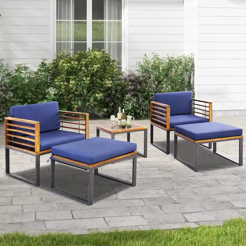 Costway 5pcs Patio Acacia Wood Cushioned Chair Ottoman Table Furniture - See Details