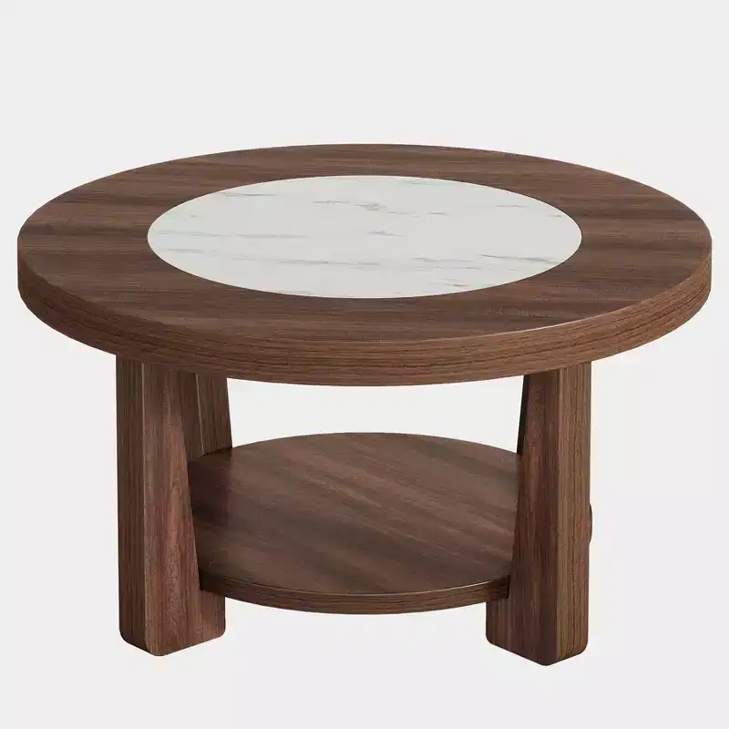 Brown 2-Tier Round Coffee Table with Storage, 4-Leg, Fits 1 Room