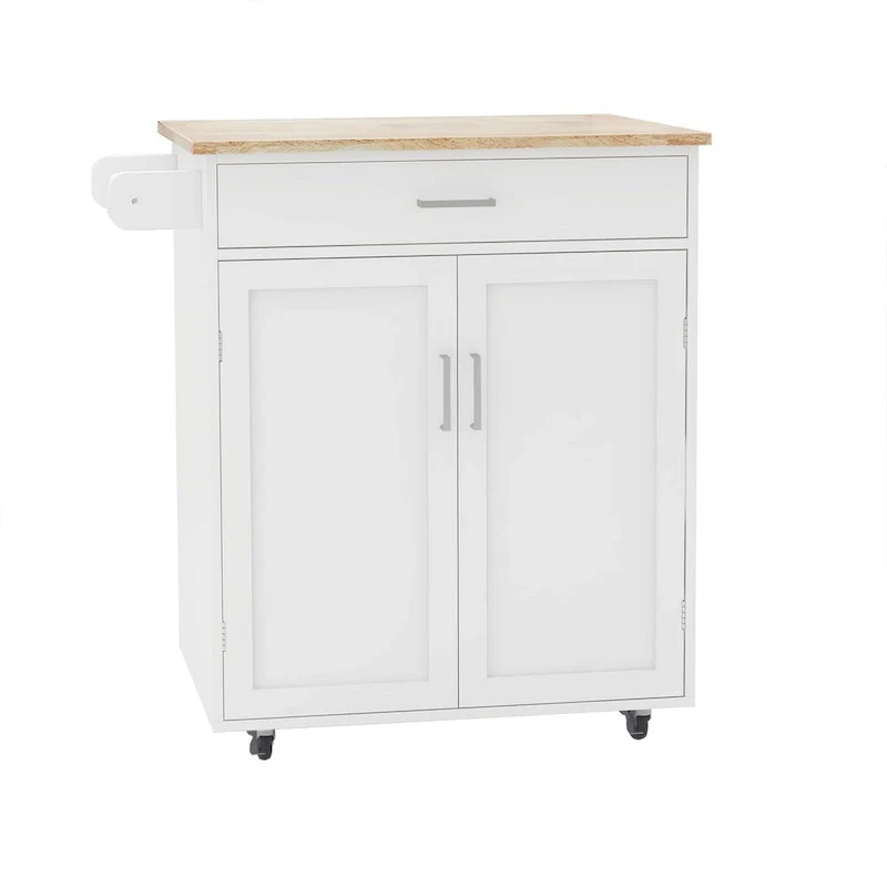 Rolling Kitchen Island with Rubber Wood Top, 33-inch White Storage Trolley Cart with 1 Drawer, Adjustable Shelves & Towel Rack