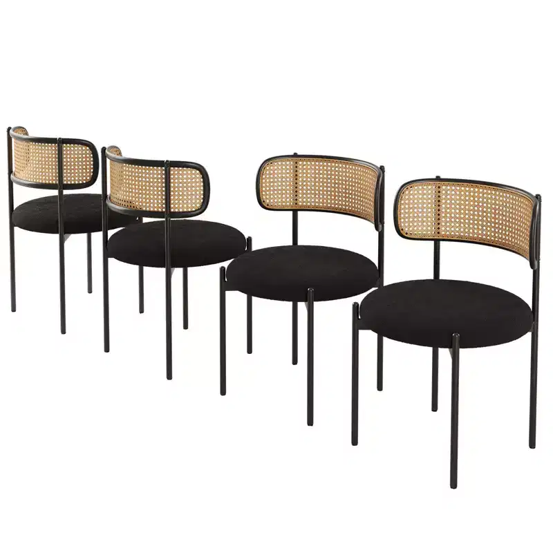 PexFix 2Pcs Modern Upholstered Dining Chairs Rattan Back Dining Room Chairs Accent Kitchen Chairs with Metal Legs Black