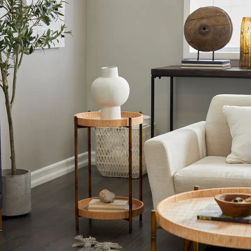 Rattan 2 Tray Shelves Accent Table with Metal Bamboo Inspired Legs - Brown - Roche River Decor - 18W x 18L x 26H