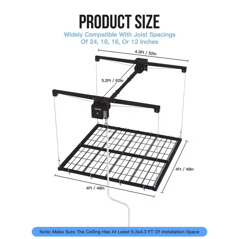 Black Metal Ceiling Storage Rack, 4×4 Ft, Adjustable Height, 350 lbs Capacity