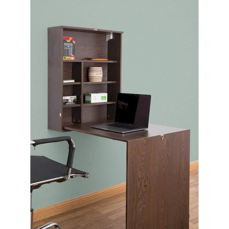 Wall Mount Laptop Fold-out Desk with Shelves