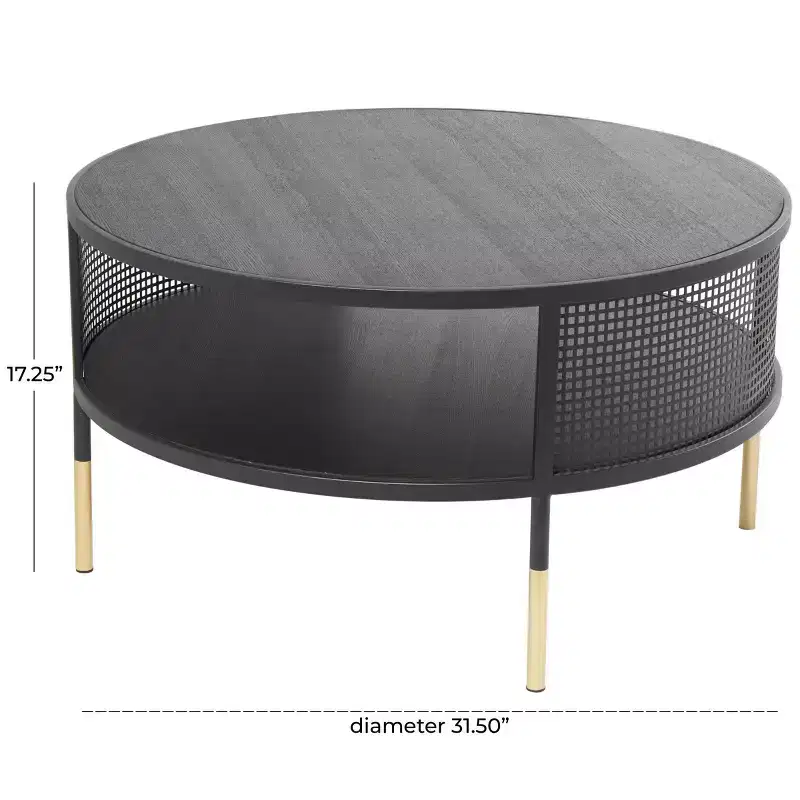 Olivia & May Metal Open Grid Frame 1 Shelf Coffee Table with Gold Legs Black: Modern Drum Style, No Assembly Required