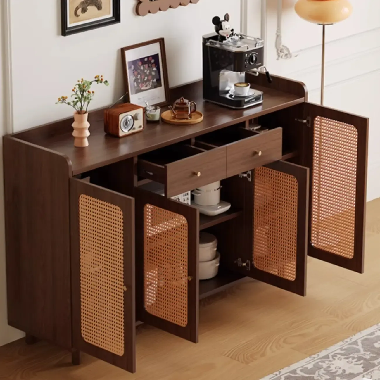 Modern Wood Sideboard with Woven Doors and Storage
