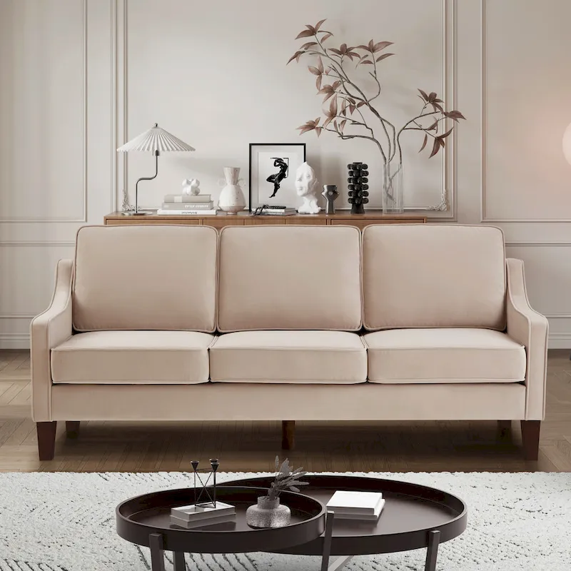 Modern 3-Seat Sofa Couch with Scooped Armrest and Wood Legs - 29.00 x 74.00 x 34.25