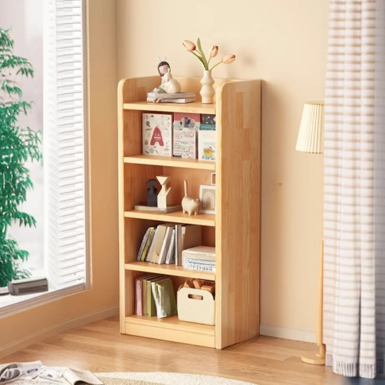 Durable Brown Wooden Vertical Open Storage 5-Shelf Bookcase