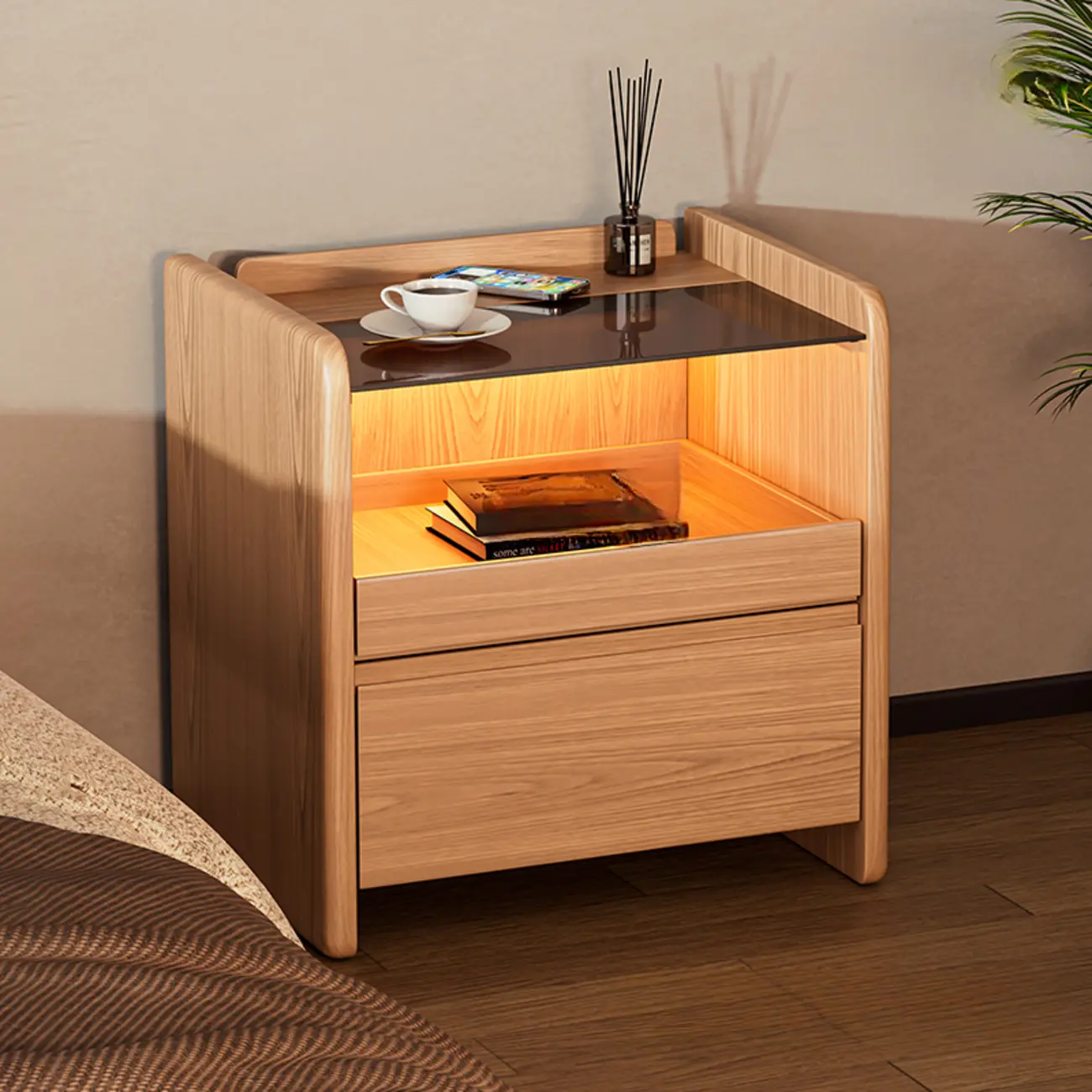 Durable Cherry Wood Storage Nightstand with Bulti-in Lighting