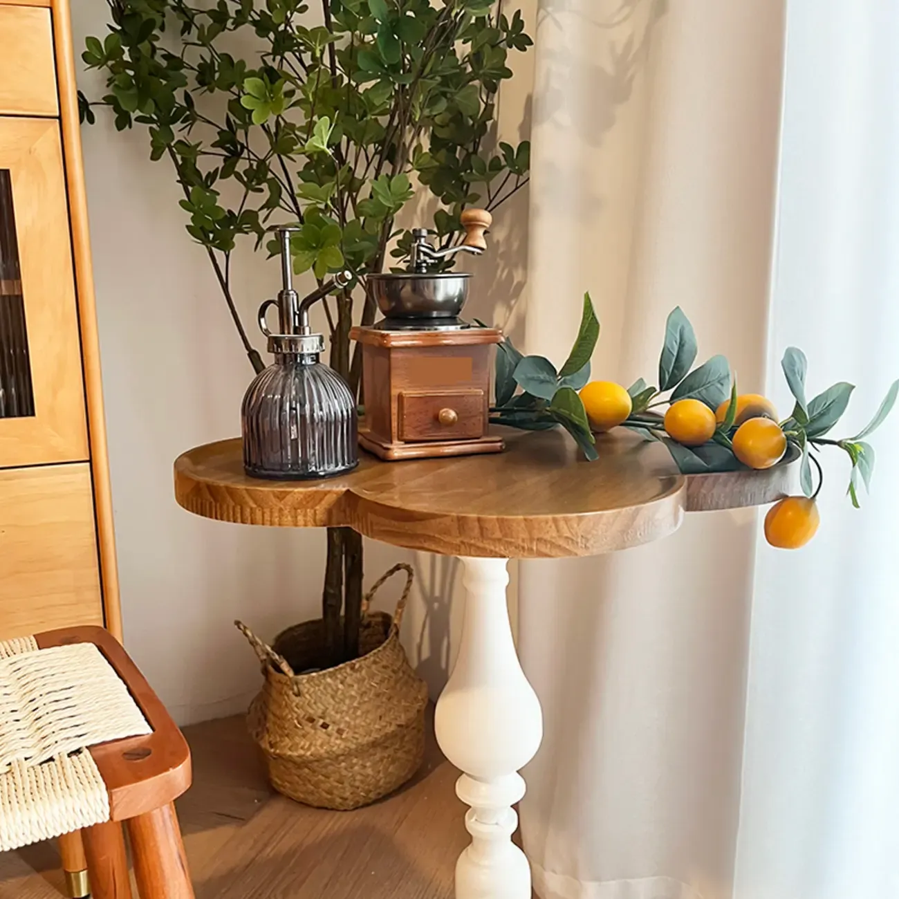 Classic Brown-White Wood Round Pedestal Chairside Table