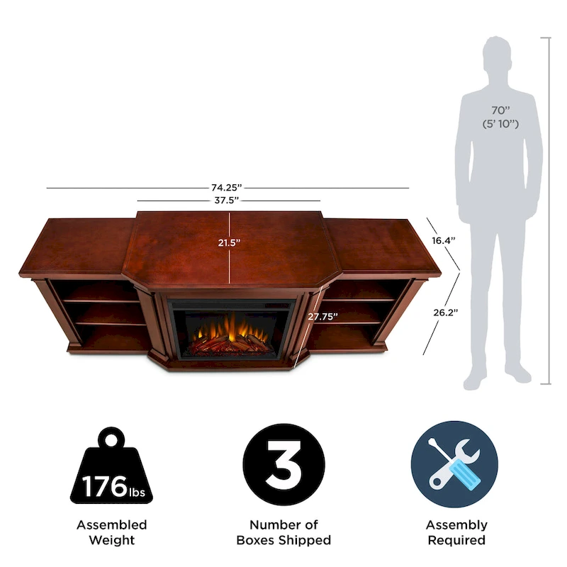 Valmont 74.25 Electric TV Stand Fireplace in Dark Mahogany by Real Flame - 75.5 W x 21.5 D x 27.7 H