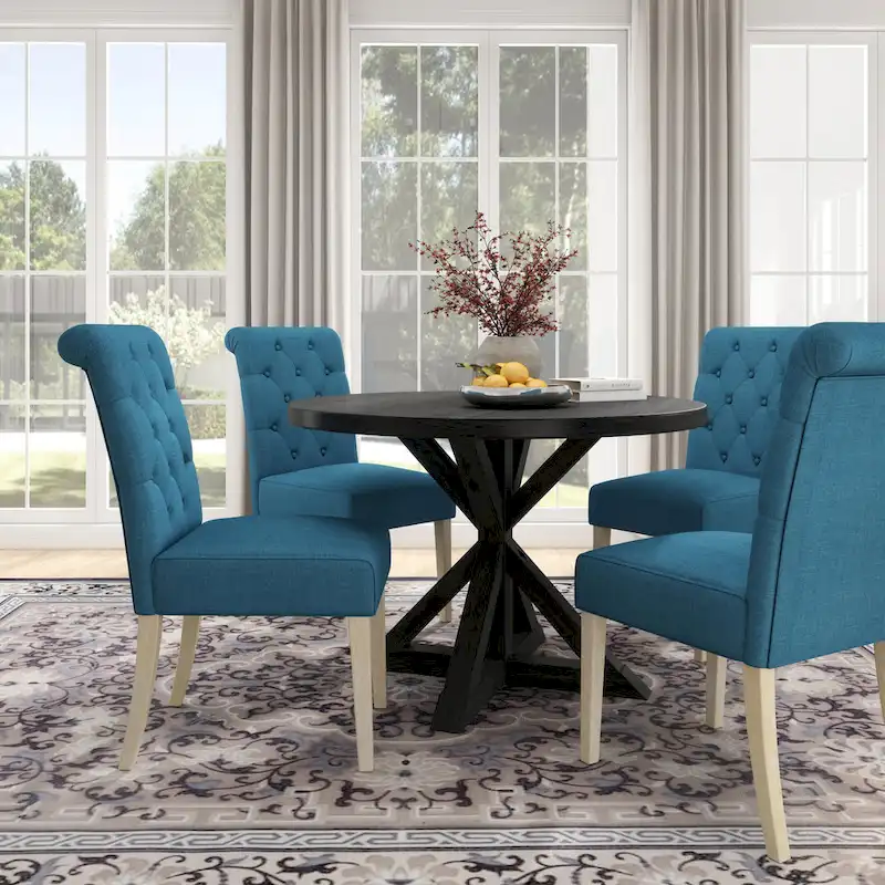 Roundhill Furniture Banff 5-Piece Round Dining Set, Cross-Buck Round Table with 4 Tufted Chairs