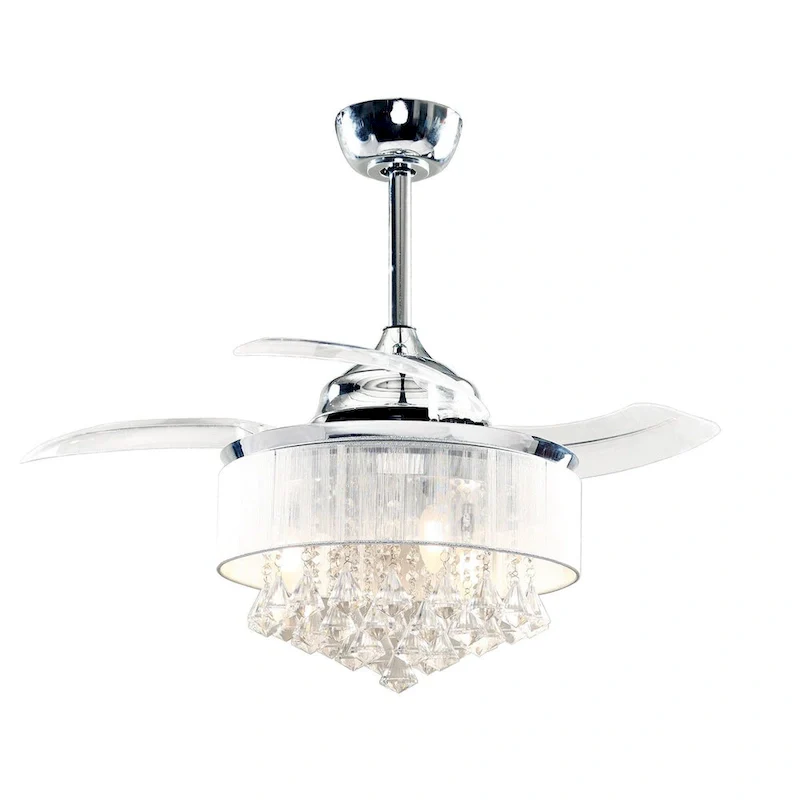 36-in Modern Chrome 3-Blades Crystal Retractable Chandelier Ceiling Fan with Remote and Light Kit - 36 Inches