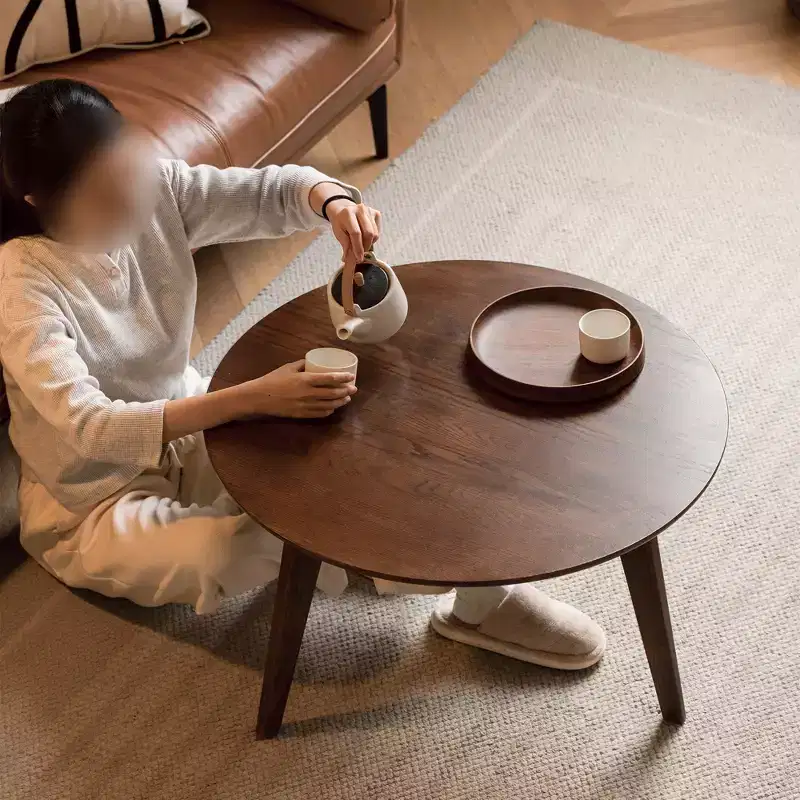 Brown Round Wood Coffee Table, 3-Leg, 1-Person