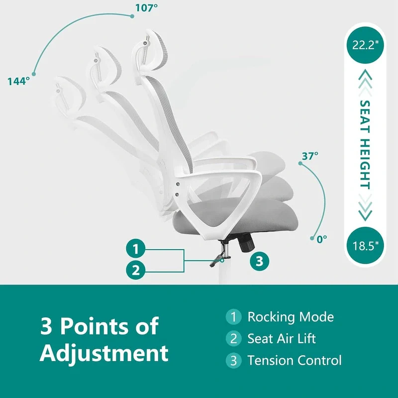 Ergonomic Office Chair, Comfy Computer Desk Chair Mesh High Back with Fixed Arms and Adjustable Headrest, Swivel Rolling Chair