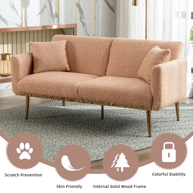 Teddy Fabric Upholstered Tufted Loveseats Sleeper Sofa With Rose Golden Legs