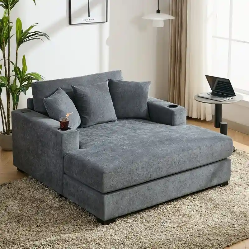Chenille Fabric Oversized Chaise Lounger, 39.7/43.5/55 Chair Bed Sofa Couch with Pillows, Charge Station & Cup Holders