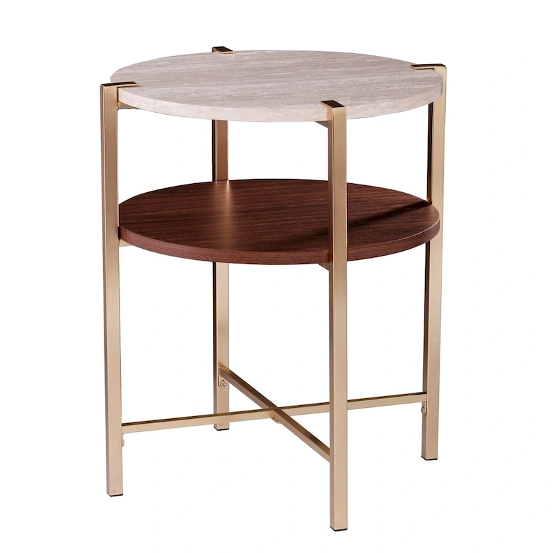 SEI Furniture Aldea Modern Round Side Table with Faux Marble Top and Faux Wood Shelf