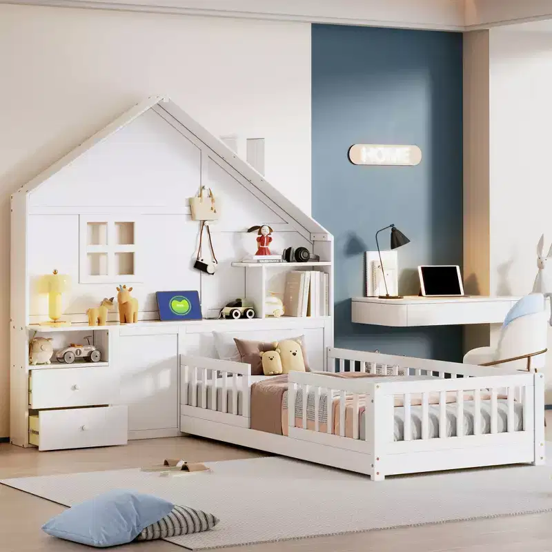 Twin/Full Size House Bed with Window Platform Bed Frame with Bedside Drawers, Shelves, a set of Sockets and USB Port, White-ModernLuxe