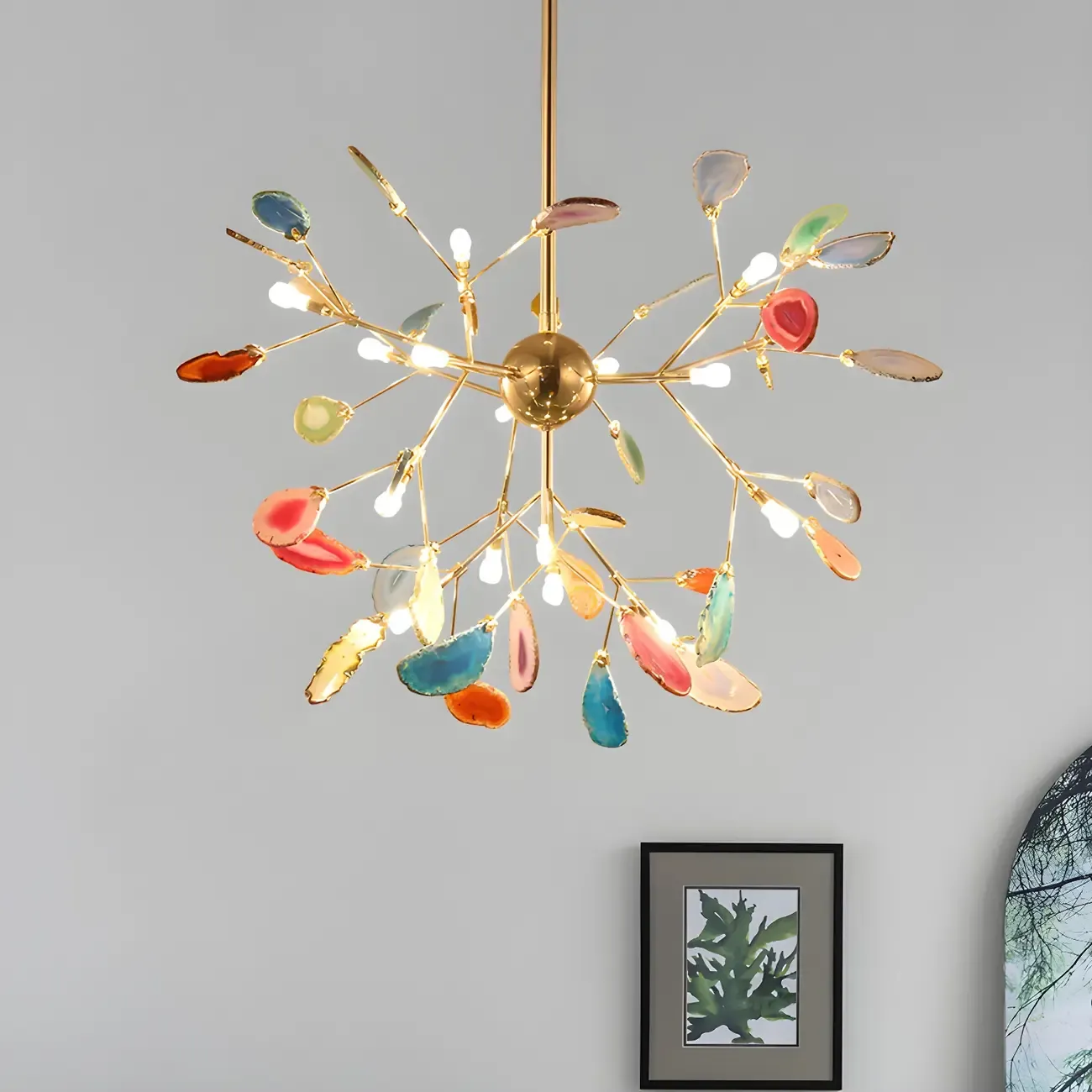 Modern Multi-Color Agate Deco Golden Sputnik Chandelier