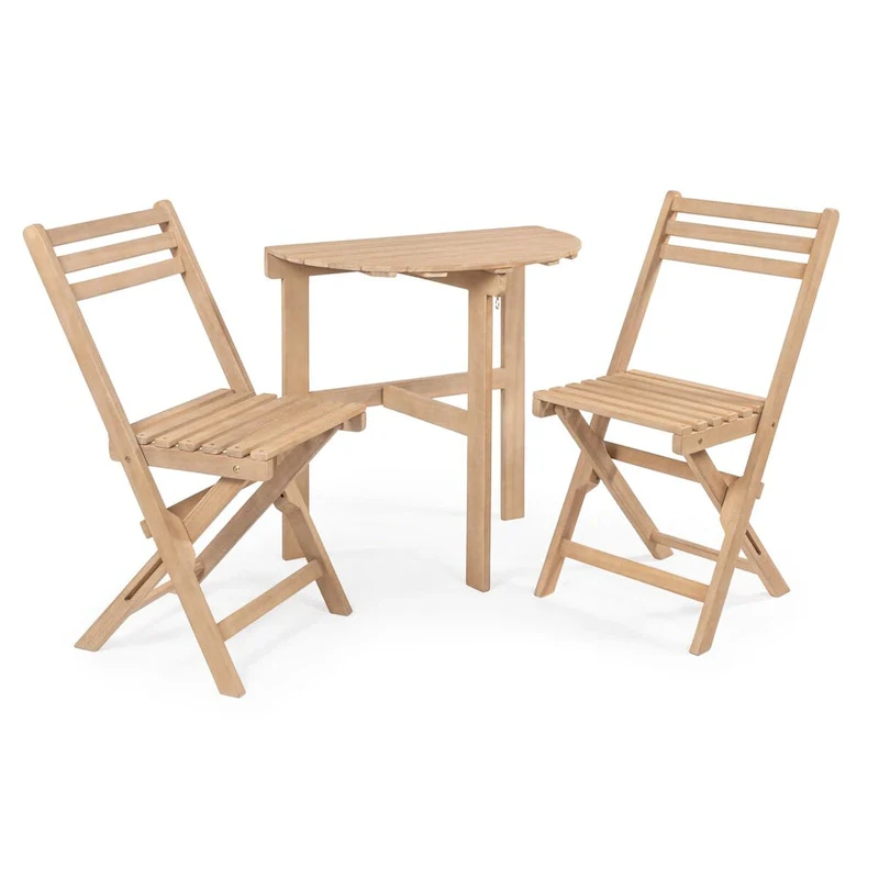 Nerja Classic French Country 3-Piece Acacia Wood Half-Round Outdoor Folding Bistro Set, Light Teak by JONATHAN Y