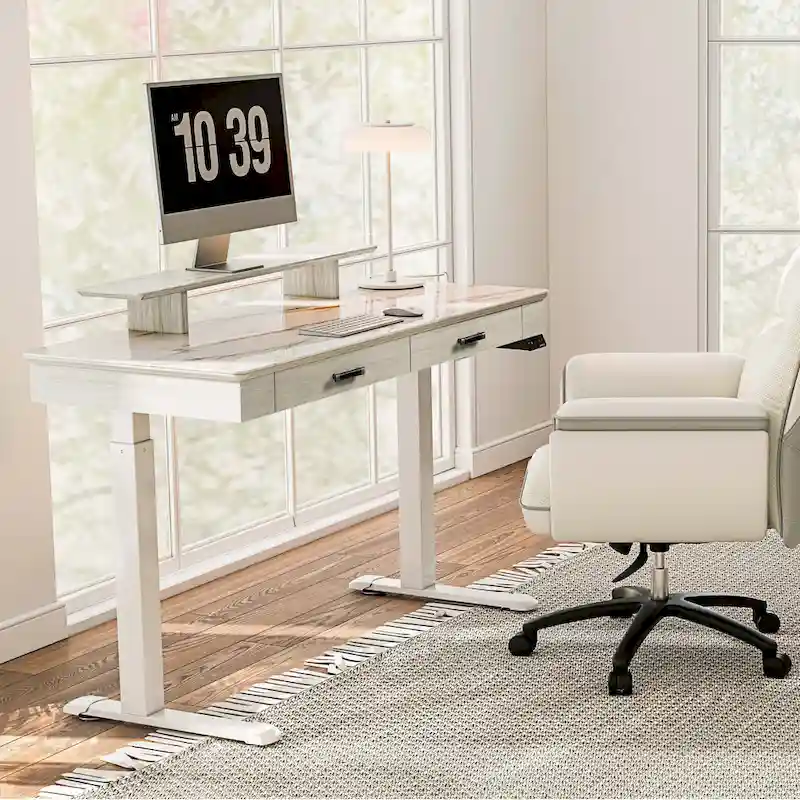 Eureka Ergonomic 55 Slate Stone Standing Desk Executive Writing Desk with 2 Drawers & Monitor Stand