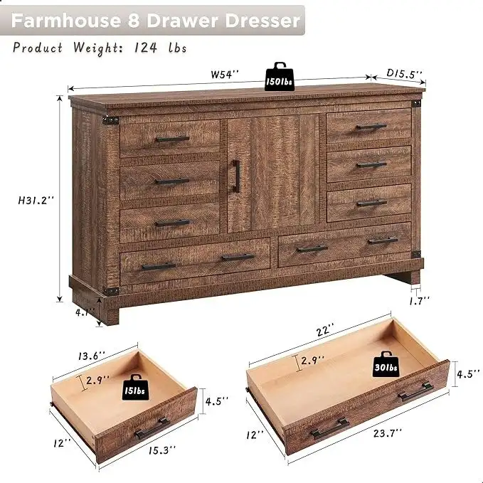 Farmhouse 8 Drawer Dresser, Wood Long Chest of Drawers, Closet Dresser