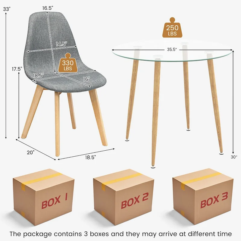 Gymax 5 PCS Dining Set Round Tempered Glass Table 4 Fabric Chairs