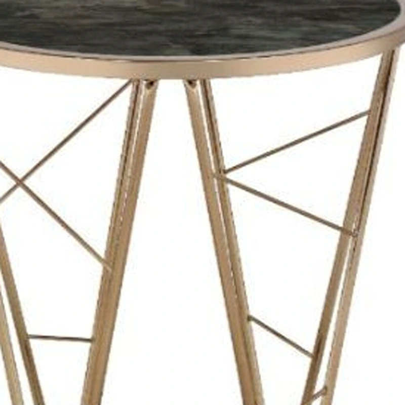 HomeRoots 24  Champagne And Black Faux Marble Glass And Metal Round End Table - 22' X '24' X '22