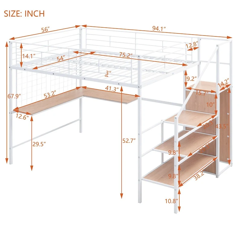 Full Size Metal Loft Bed with Desk and Metal Grid, Wardrobe
