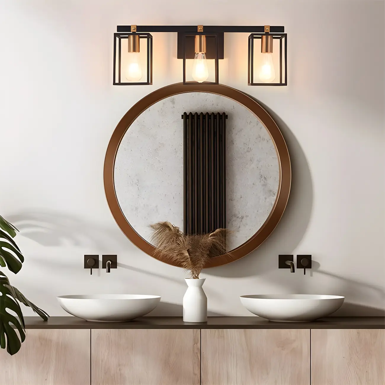 3-Light Linear Cube Black Iron Caged Vanity Light