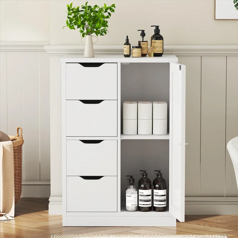 Bathroom Floor Storage Cabinet, Freestanding Pantry Cabinet with 4 Drawers and 1 Door